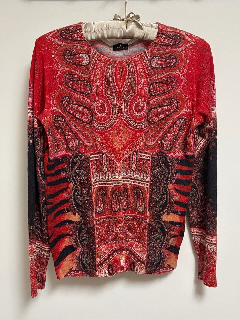 ETRO Silk Cashmere Paisley Cardigan Red Black Size 44 Made in Italy